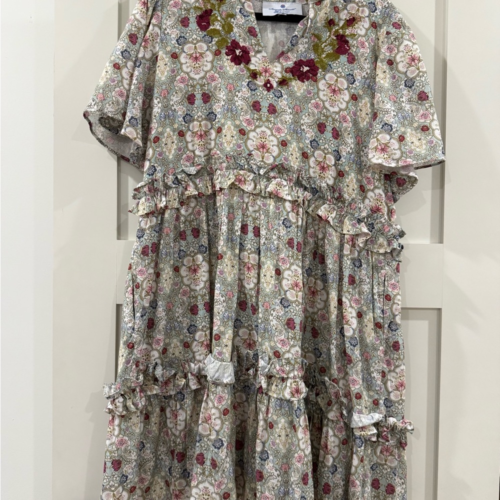 Margarita Mercantile Women’s Floral Hand Embroidered Dress with Ruffle Details
